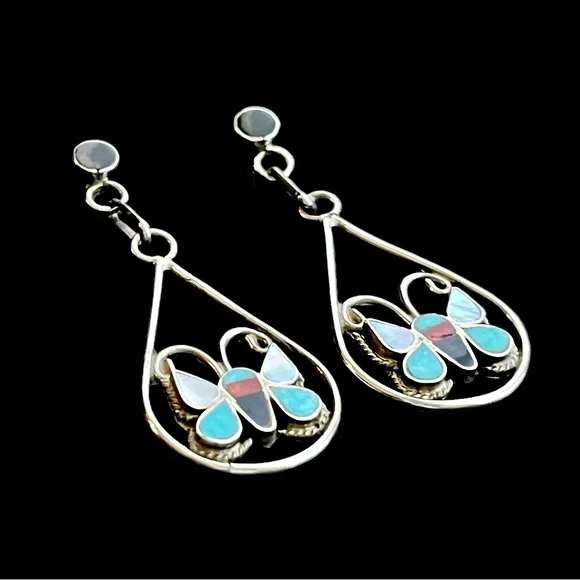 Vintage Native American Zuni sterling silver gemstone inlay butterfly earrings - Picture 2 of 8